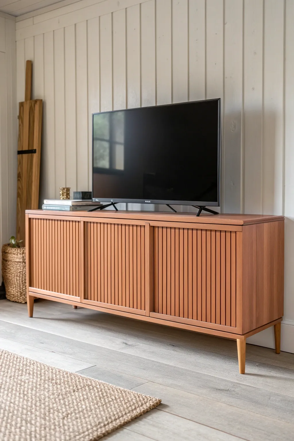 Terracotta fluted TV stand painted to make every groove pop with soft Scandinavian contrast.