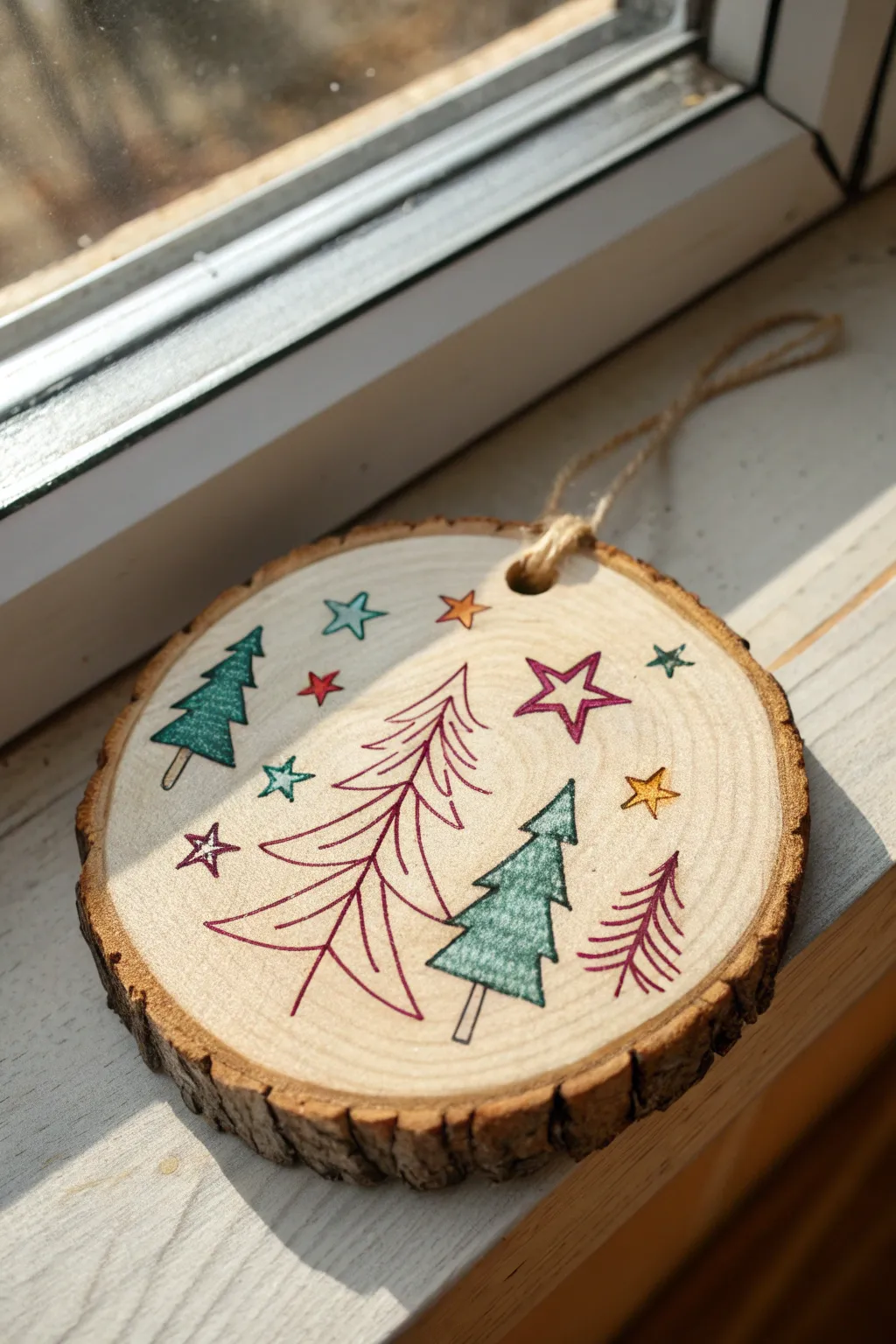 Bark-edged wood slice with burned outlines and translucent color washes in warm minimalist light