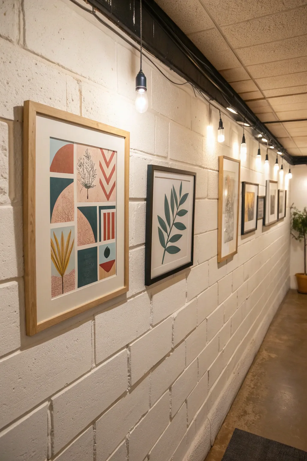 Painted concrete blocks turned into a serene gallery wall backdrop with layered frames and warm glow