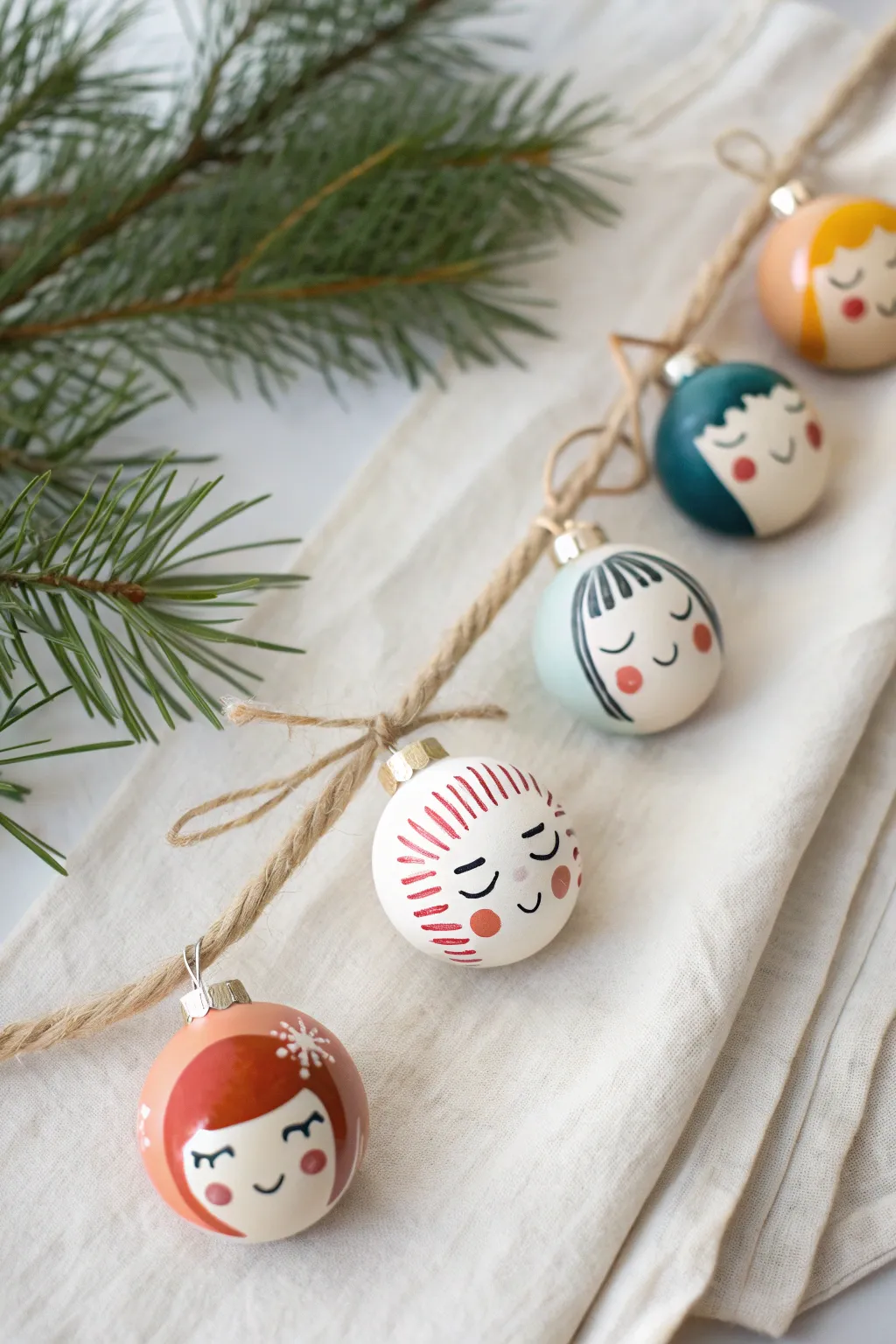 Mini character portrait ornaments in bold hues, lined up neatly for a chic Scandinavian look