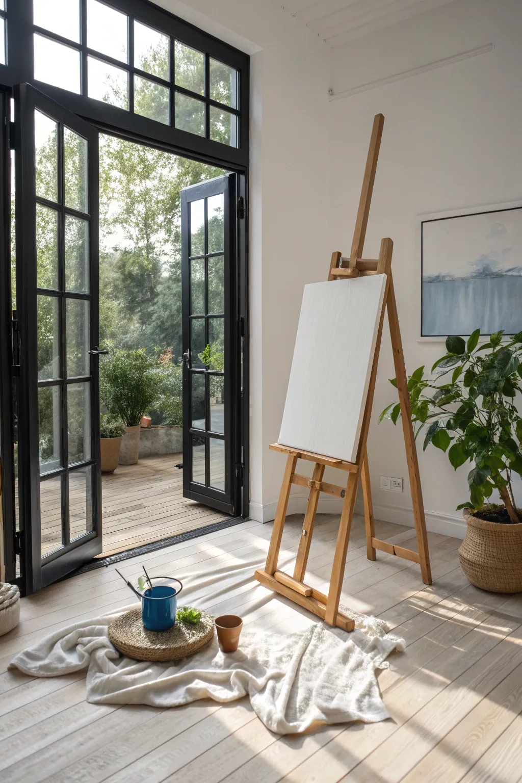 An easel at the open doorway for effortless studio-to-patio painting sessions and fresh air