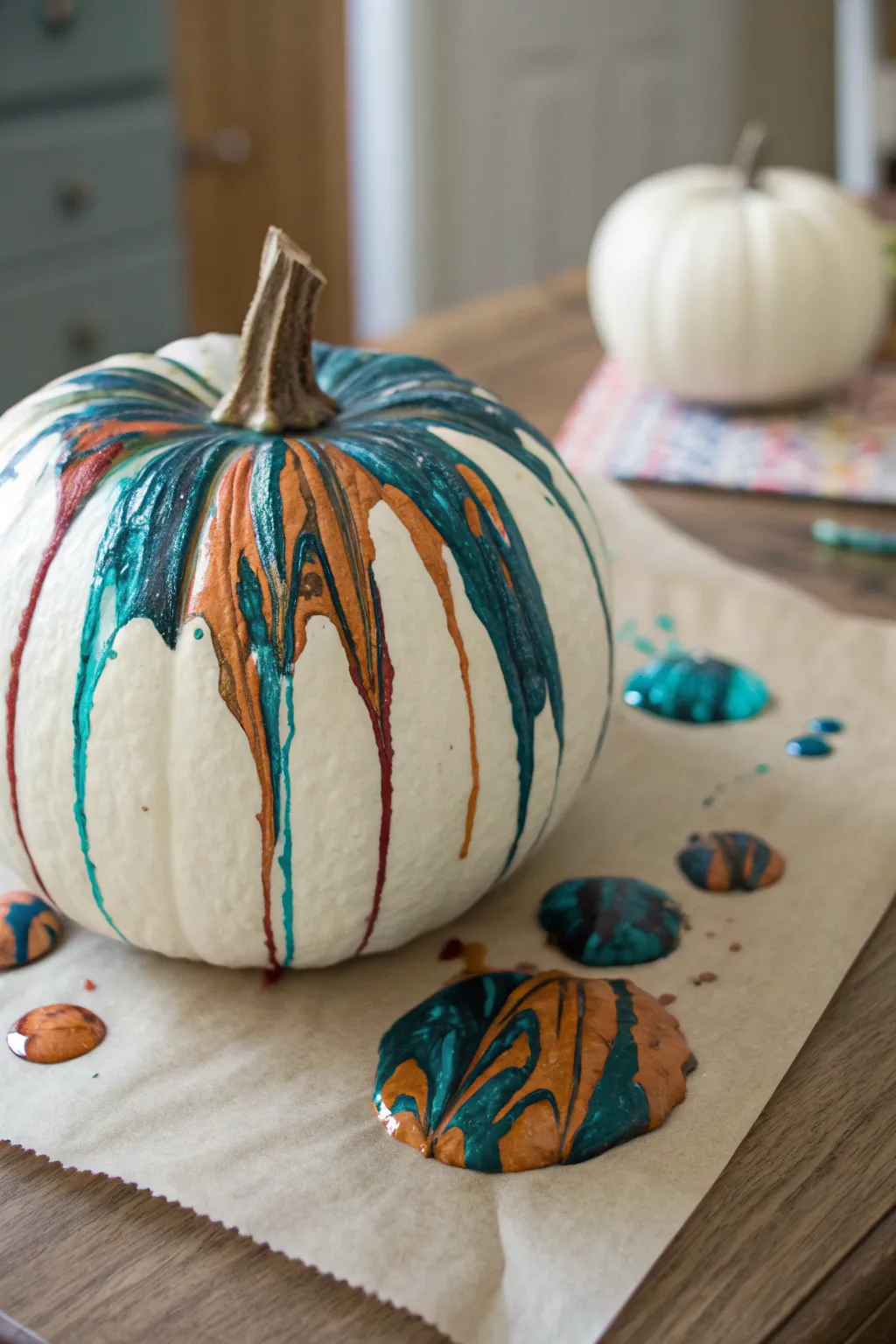 Marbled pour-paint drips cascading over a crisp white pumpkin for a bold modern fall accent
