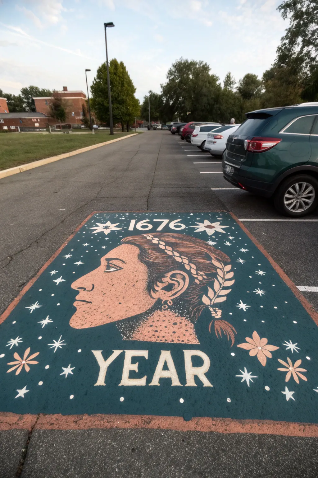 Bold silhouette parking spot mural with boho pattern fill and year numerals, clean minimalist vibe