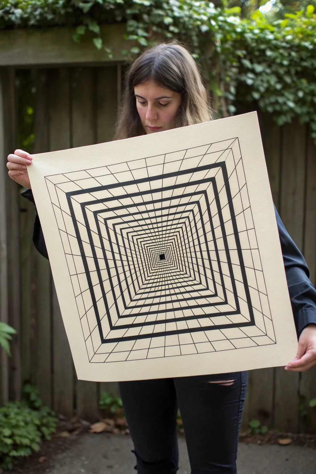 Create bold optical illusion tunnels with warped grids and thick-to-thin lines for depth