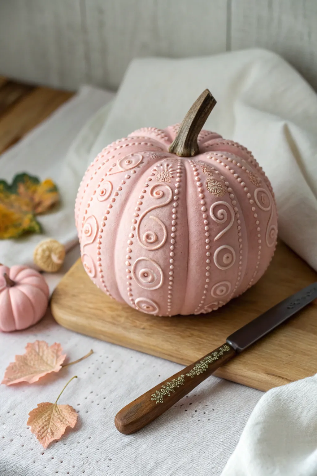 Bold blush pumpkin with raised texture paste, side-lit for crisp detail in a minimalist scene.