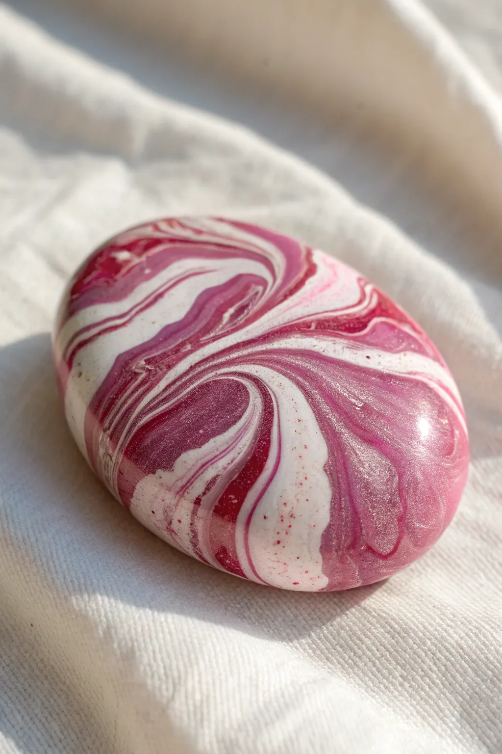 Pink marble swirl rock painting idea: glossy stone with flowing white and magenta veining