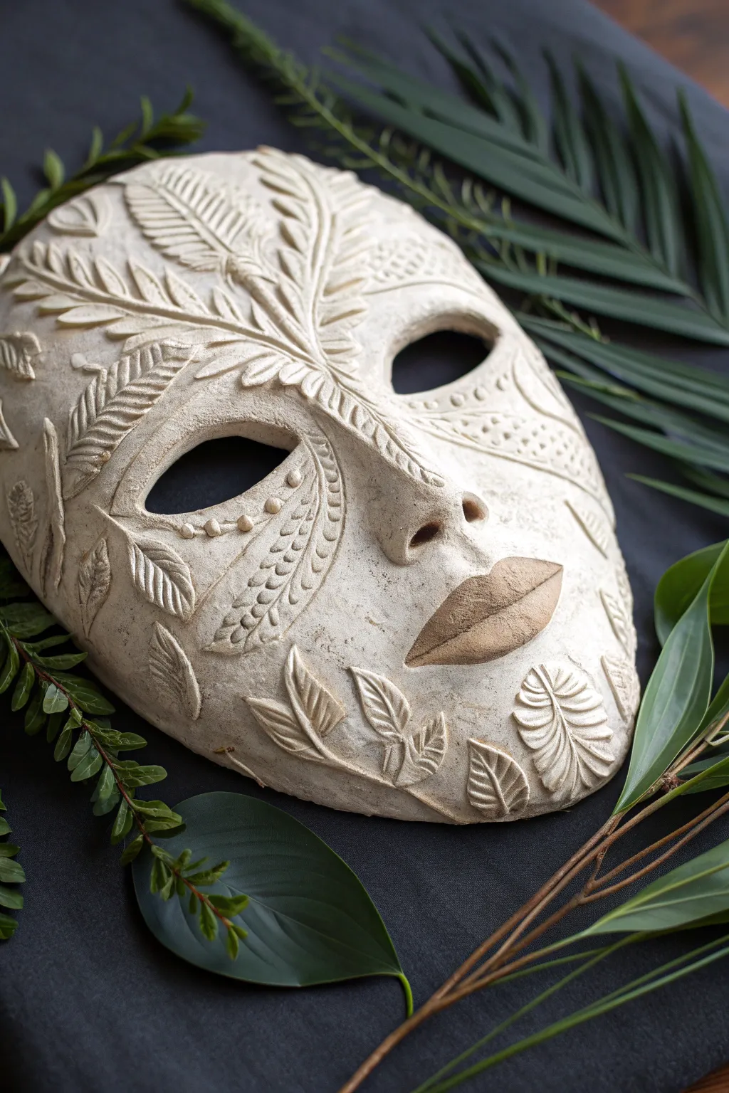 Lace and leaf imprints transform a simple plaster mask into a bold, tactile decor moment