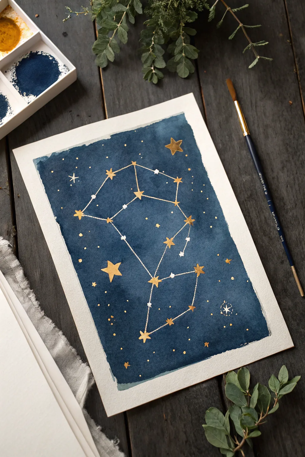 Dreamy indigo and gold constellation painting, a calming backdrop for your favorite affirmations.