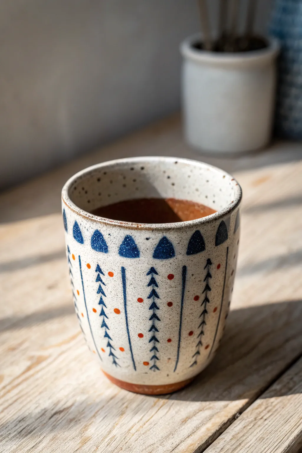 Raised slip-trail squiggles turn this bold handmade cup into a touchable 3D statement.