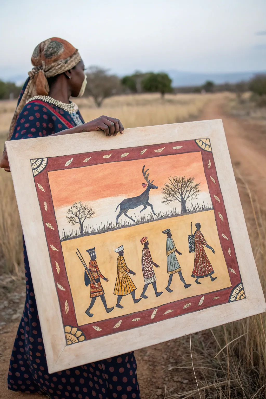 Whimsical primitive masked animal procession painting, bold boho colors with Scandinavian calm