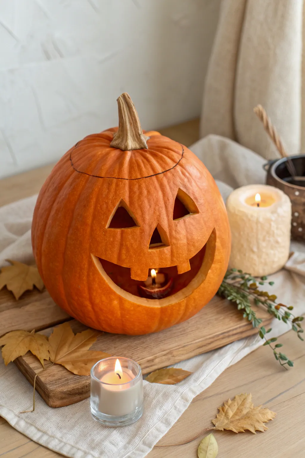 Goofy carved pumpkin with a pop-out tongue, minimalist styling for an easy, fun DIY.