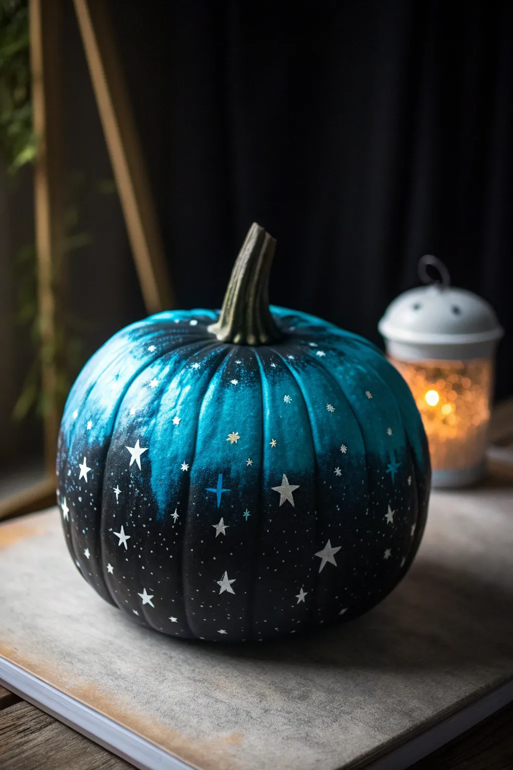 Minimalist alien abduction pumpkin diorama with glowing beam and tiny silhouettes, bold night hues