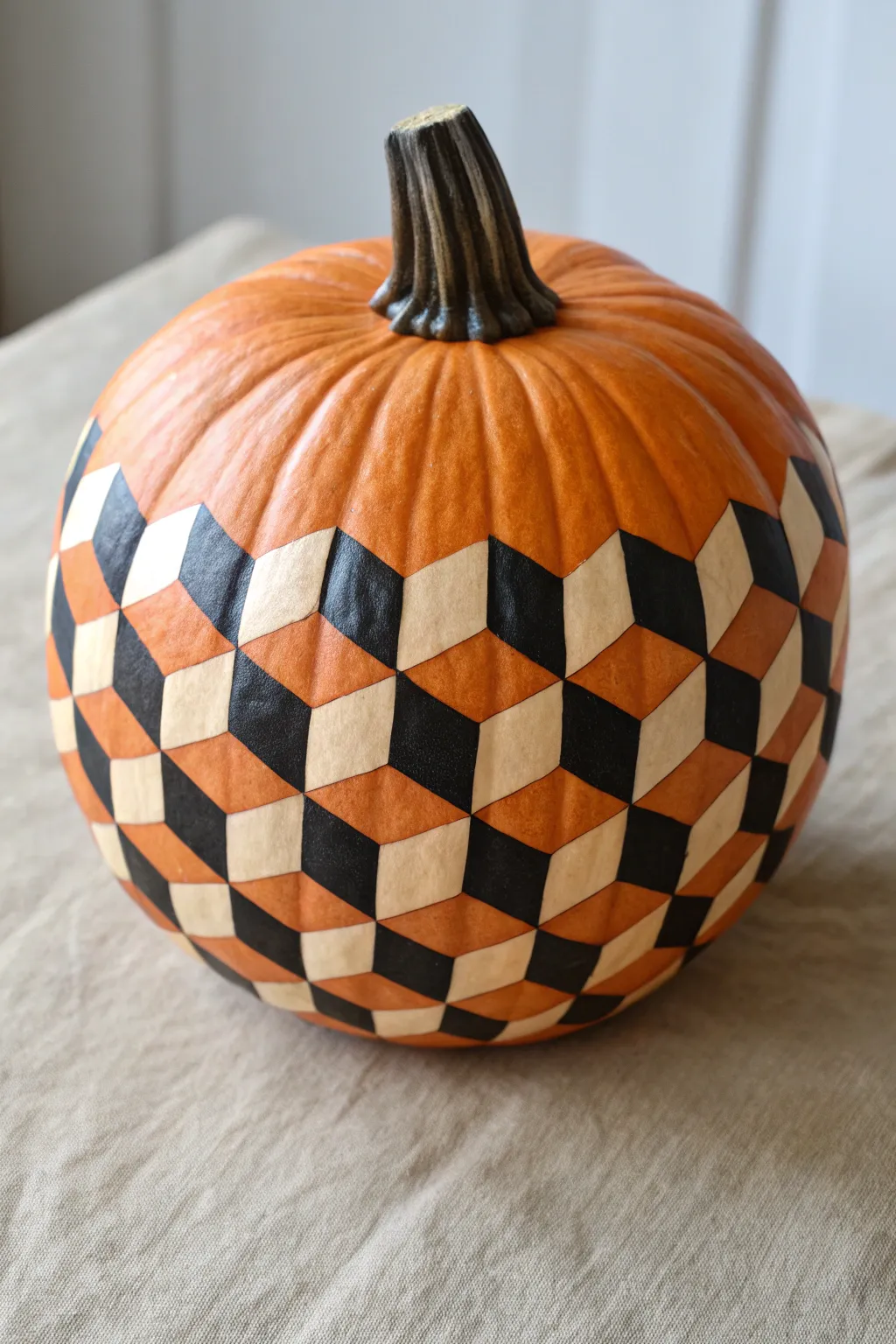 Optical illusion cube pumpkin: crisp lines, bold shading, minimalist studio vibe for fall DIY