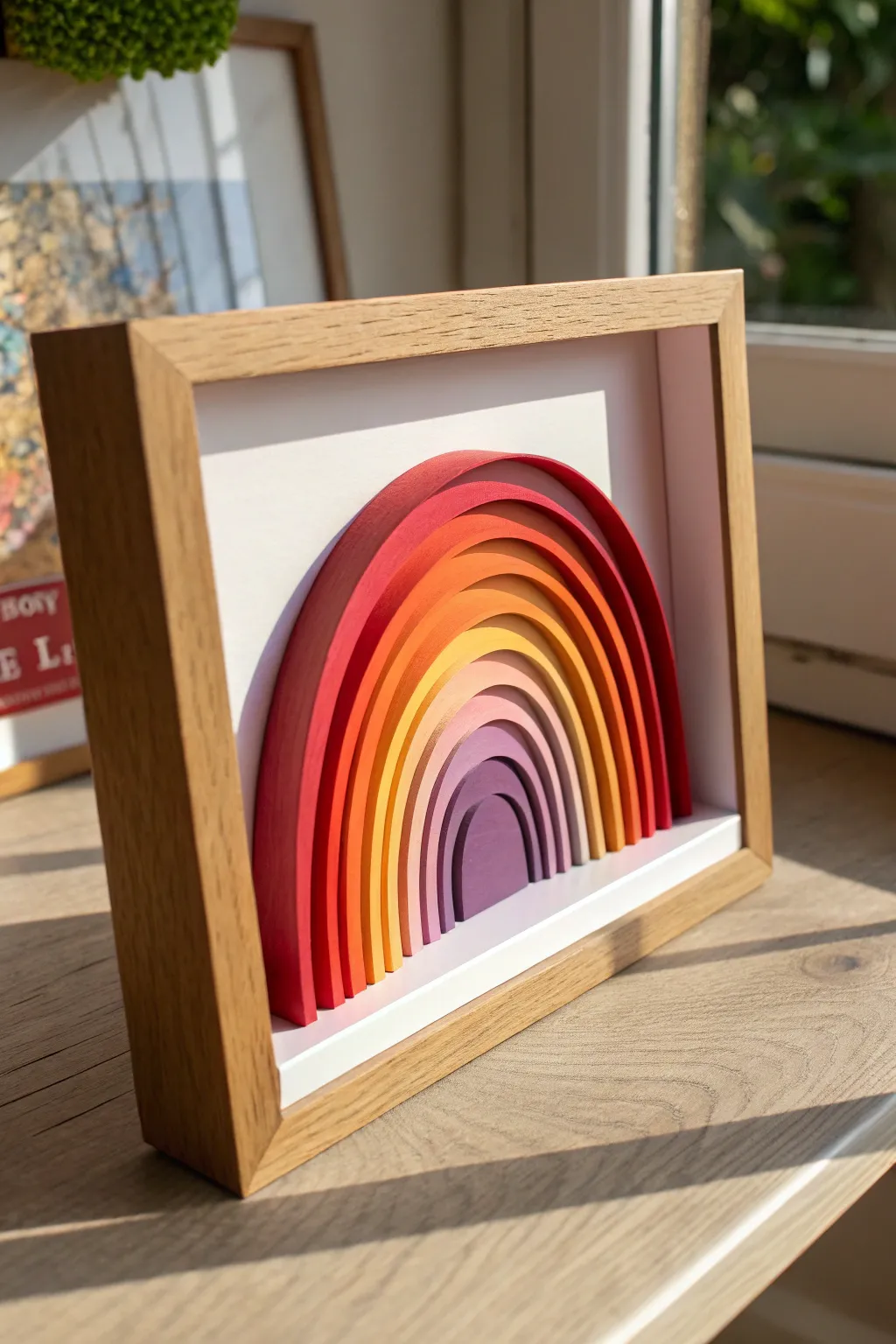 Layered 3D paper rainbow shadow box with crisp depth, bold color, and minimalist charm.