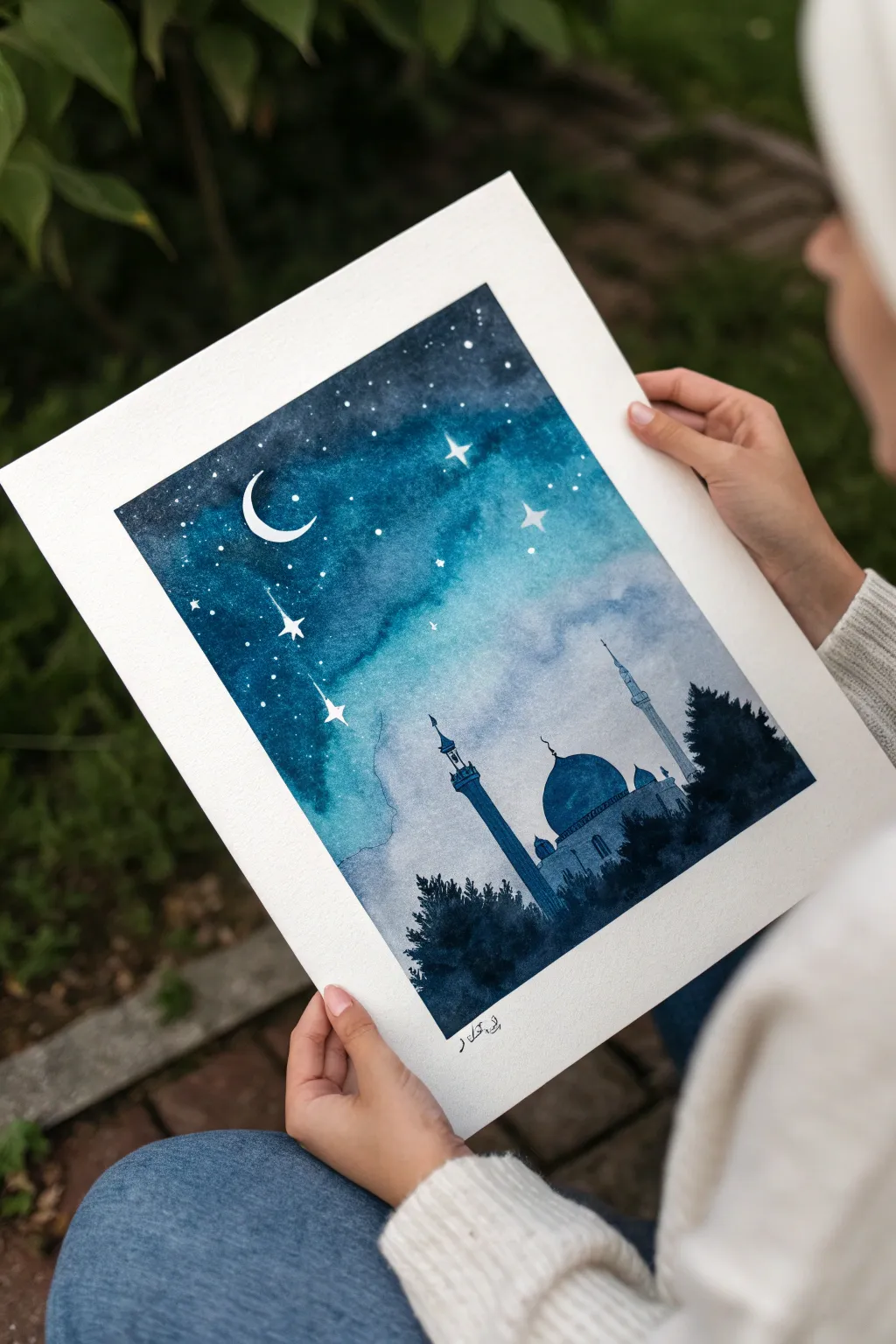 Abstract Ramadan color wash in night-sky tones with hidden crescent, stars, and mosque