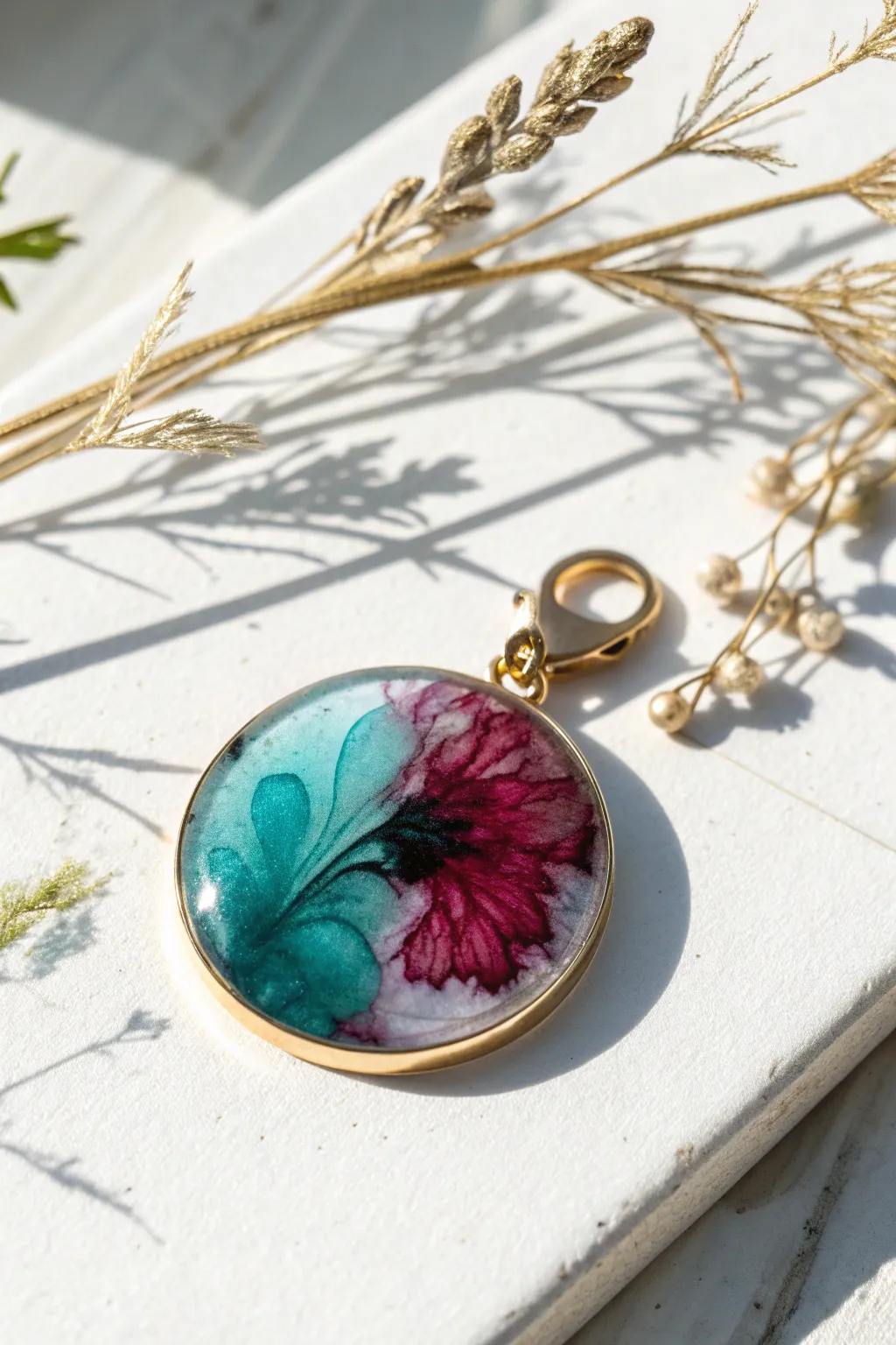Mesmerizing petri ink blooms suspended in a single resin charm, clean and minimalist.