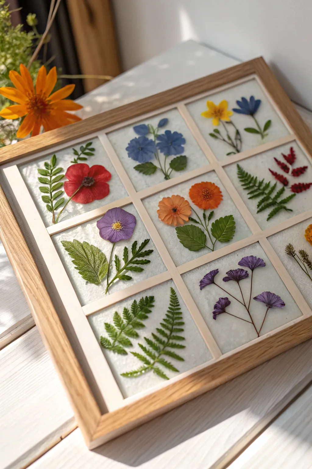 Minimalist resin flower mosaic tiles arranged into a bold, handcrafted wall art panel