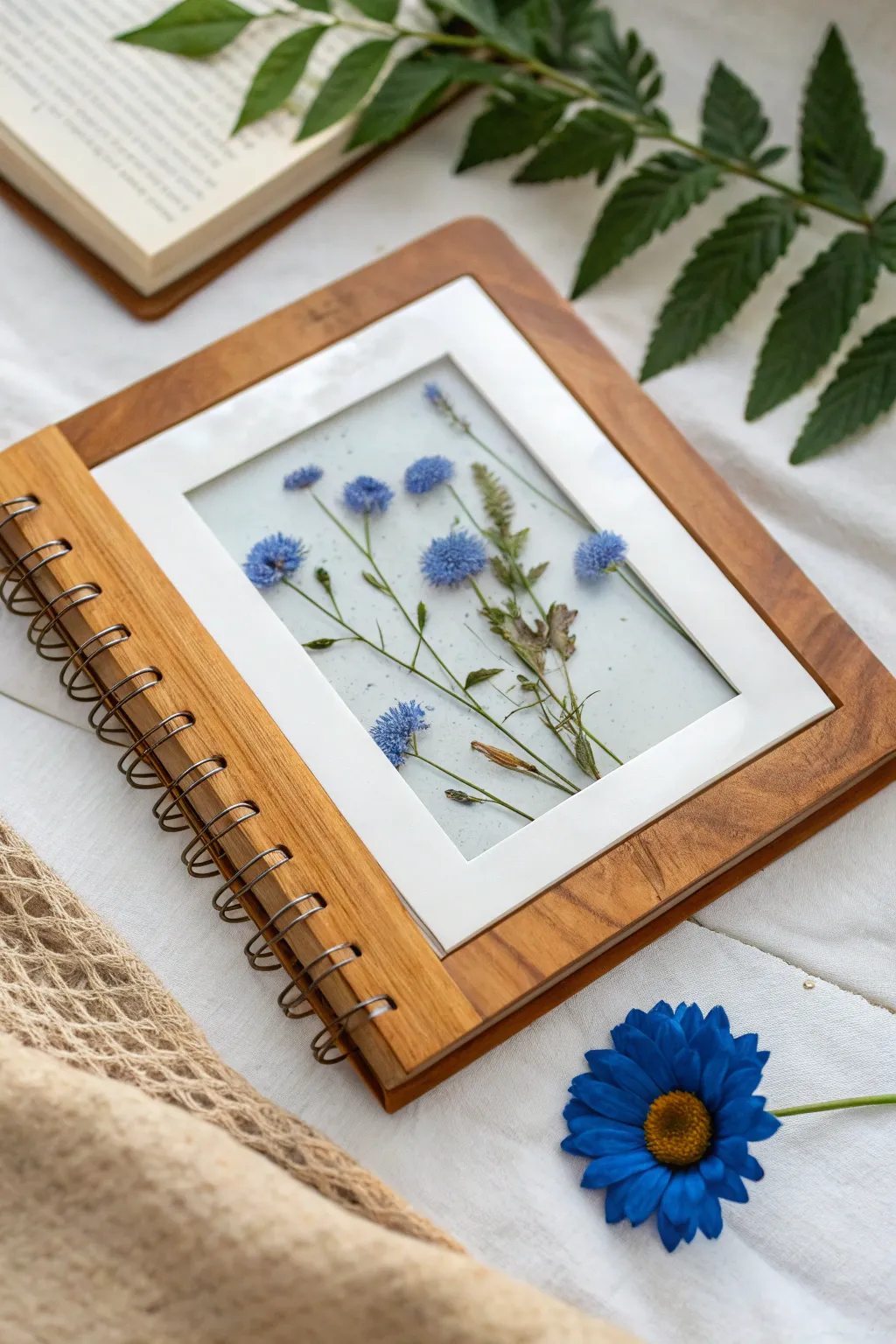 Negative space resin cover with a clear window and one bold flower floating at center