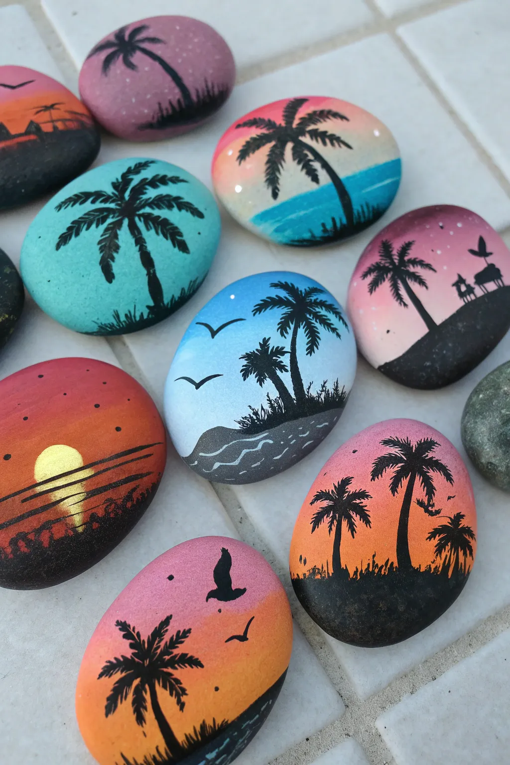 Mini pebbles painted with tiny sunsets, arranged as a calming handcrafted rainbow set