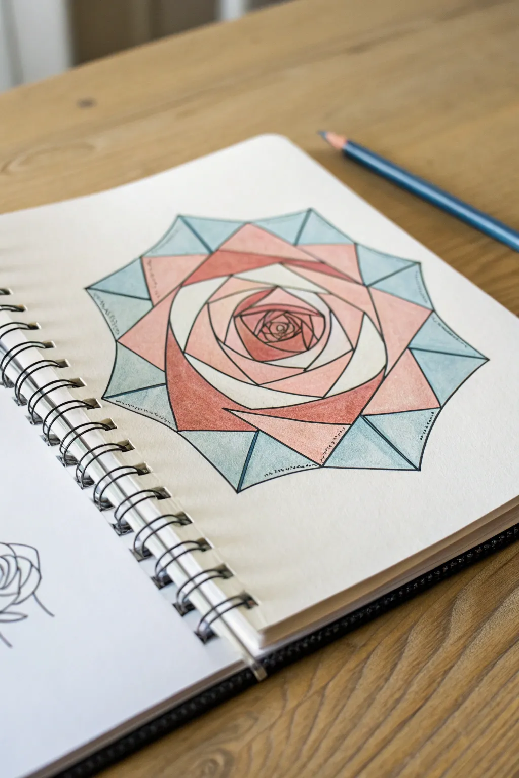 Geometric rose drawing idea: faceted petals and bold watercolor blocks on clean white paper