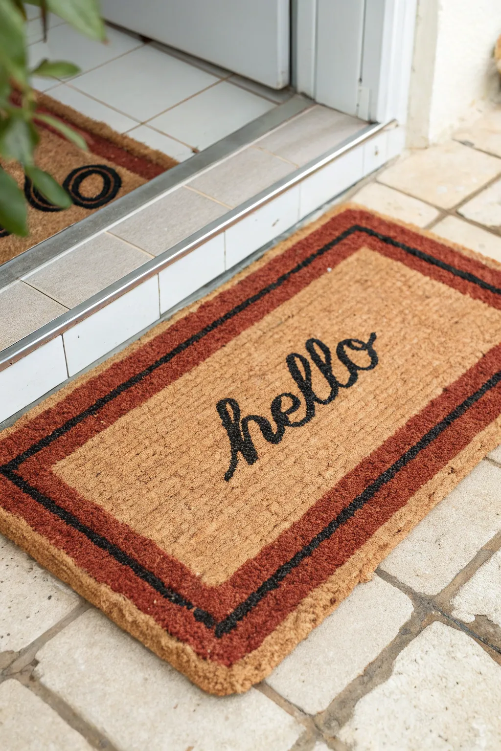 Hand-painted doormat rug look with a crisp border and bold brushstroke lettering style