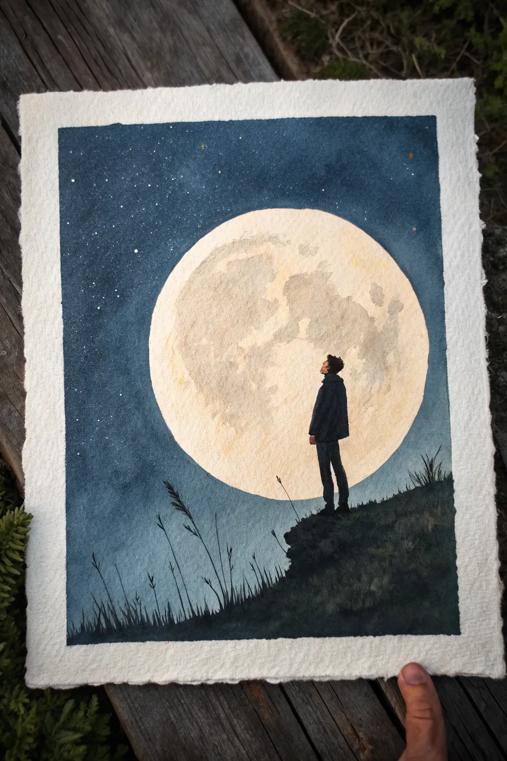 Paint a quiet moon conversation: one figure, starless indigo sky, soft glow and solitude.
