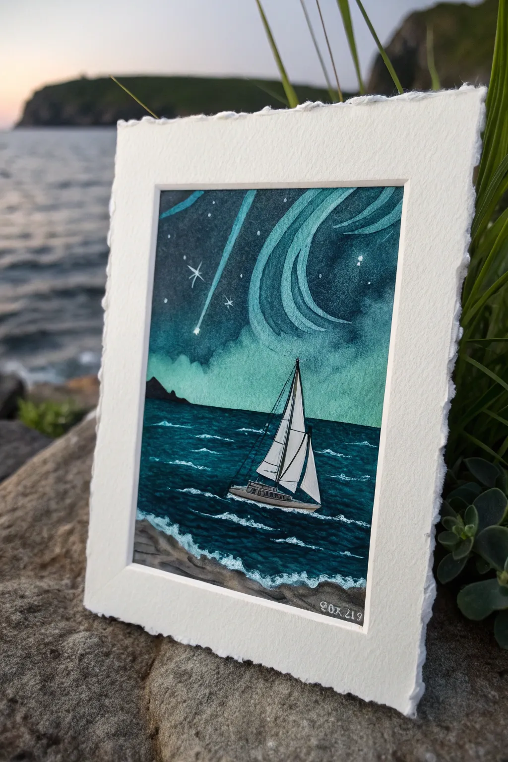 Dreamy bioluminescent sailboat painting idea with bold teal glow against an inky night sea