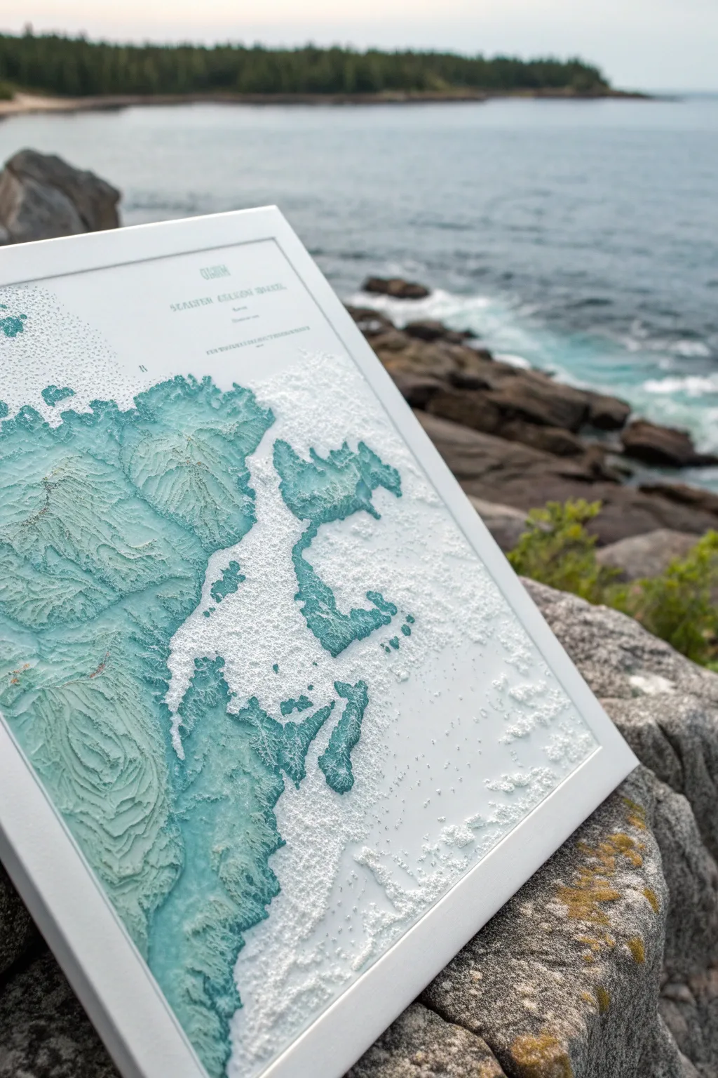 Minimal topographic salt painting with raised contour lines and a lush green to blue ombré