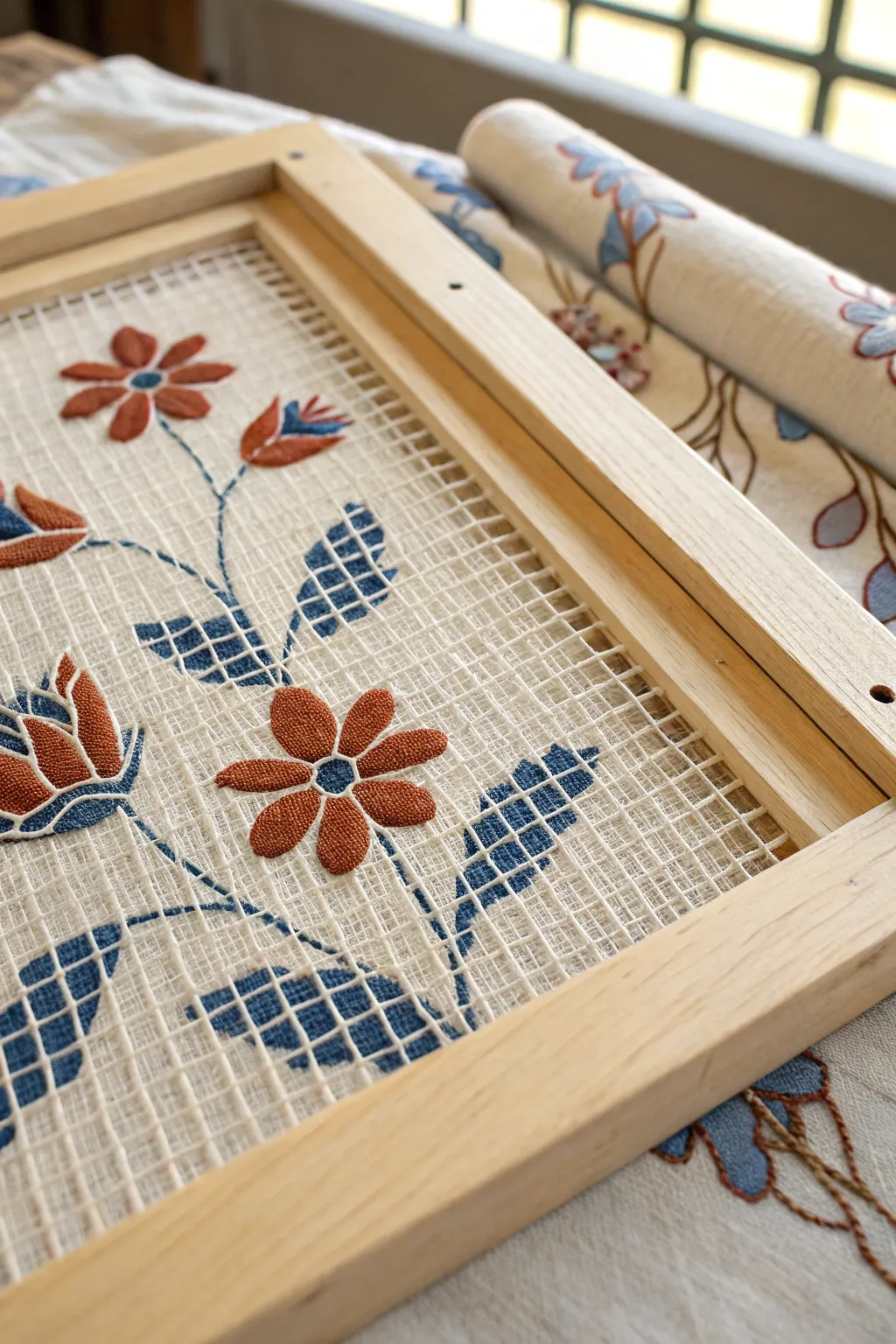 Painted florals meet hand stitching: macro mesh detail for an easy mixed-media screen idea