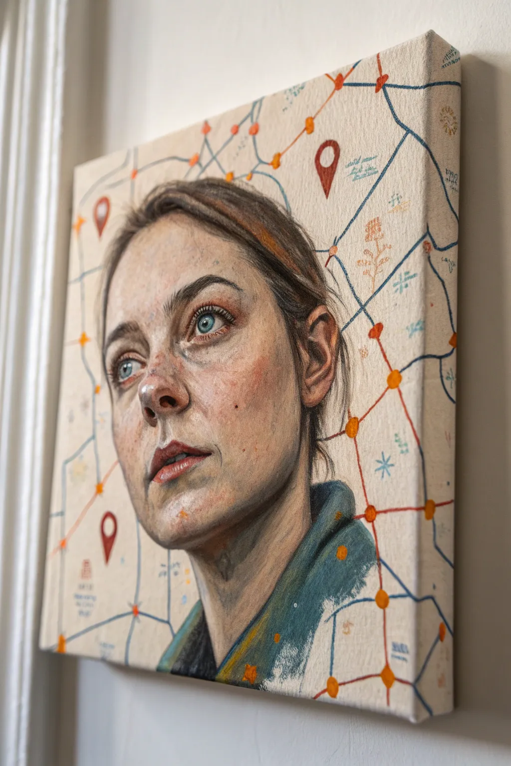 Abstract map-of-me self-portrait: a recognizable face built from bold, symbolic color fields