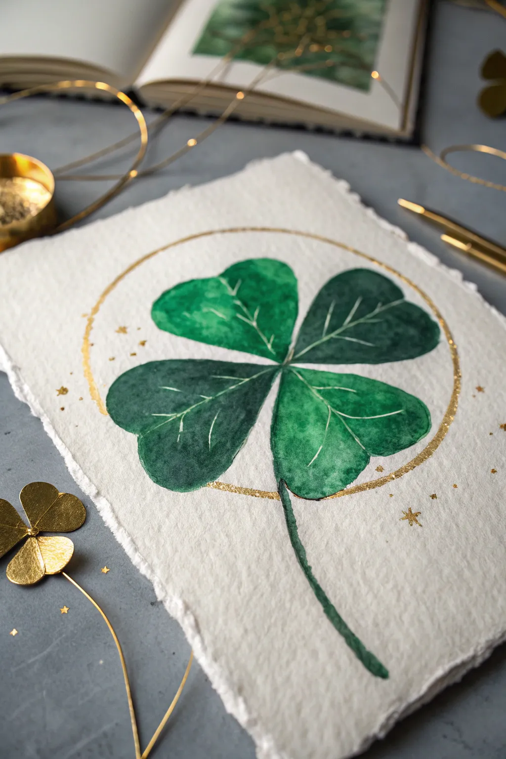 Emerald shamrock with metallic gold highlights for a chic minimal boho St. Patrick vibe