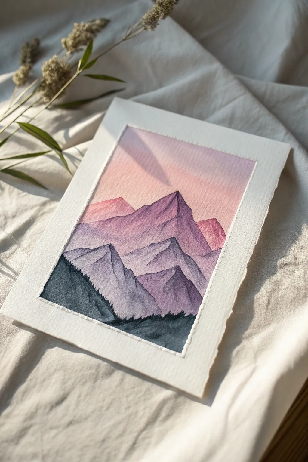 Crisp tape-resist mini mountains with a dreamy pink-lavender sky, clean edges and bold contrast