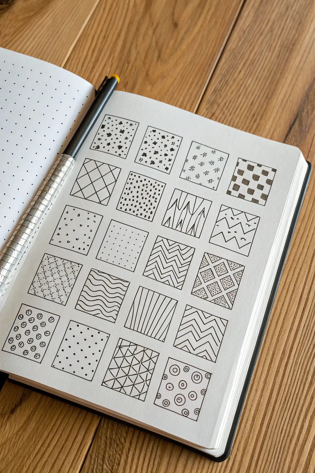 Easy filler pattern doodles in a clean grid: stripes, dots, scallops, checks, tiny hearts.