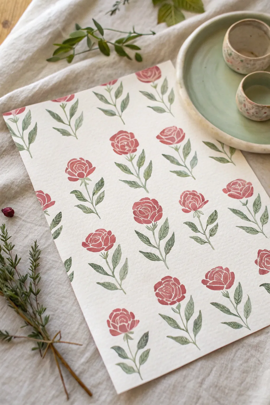 Vegetable-stamped rose rosettes in bold color, finished with quick leaves and stems