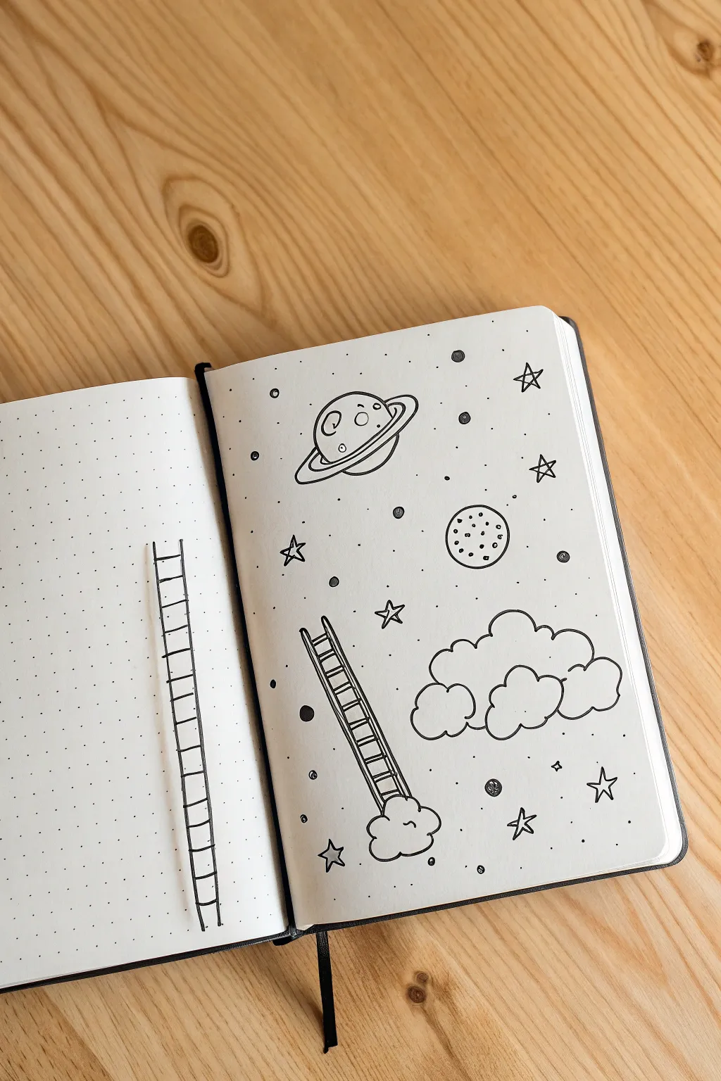 Floating mini surreal doodles on a clean sketchbook page, minimalist boho and bold color contrast