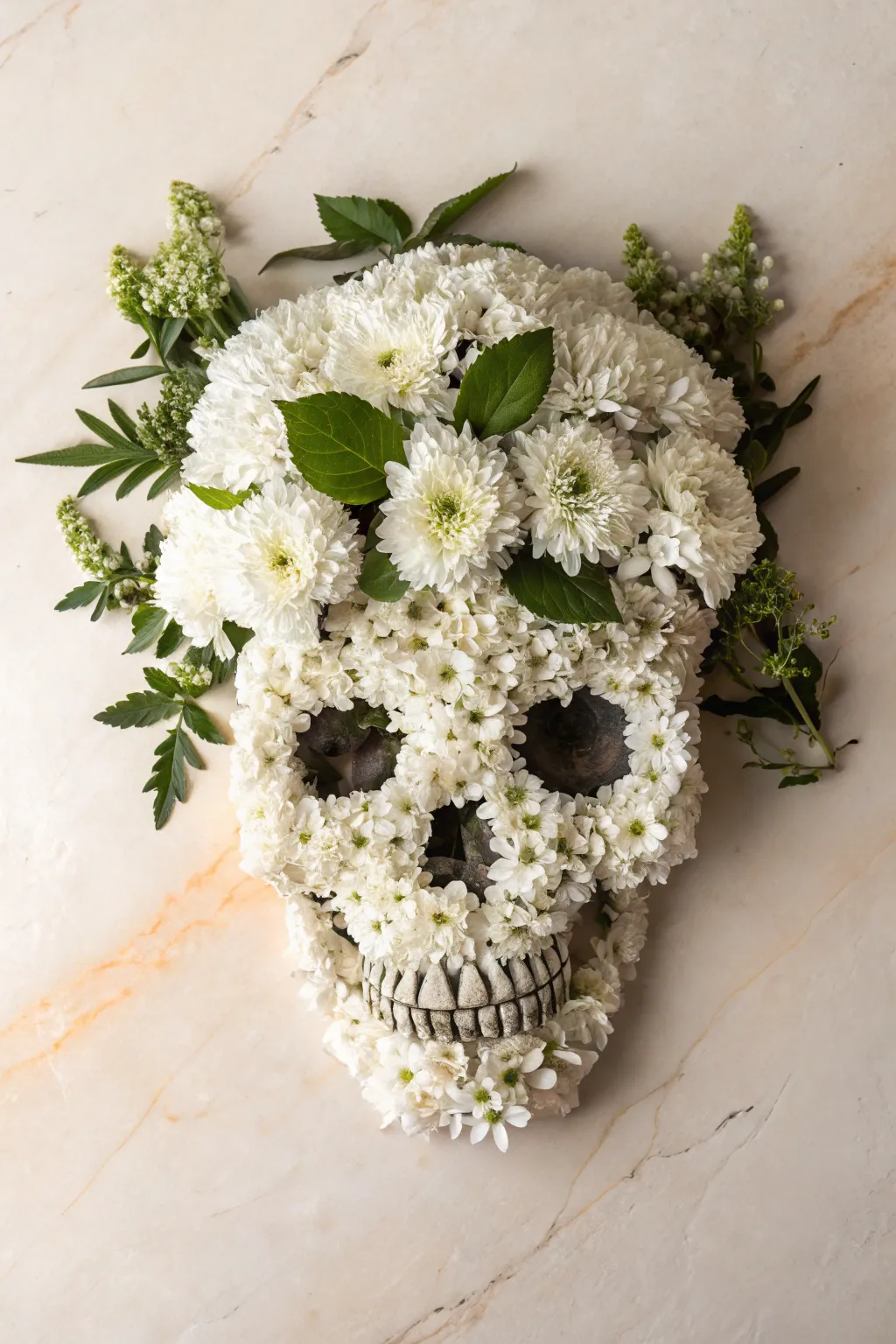 Surreal floral skull with negative-space eyes, bold blooms, and clean minimalist contrast