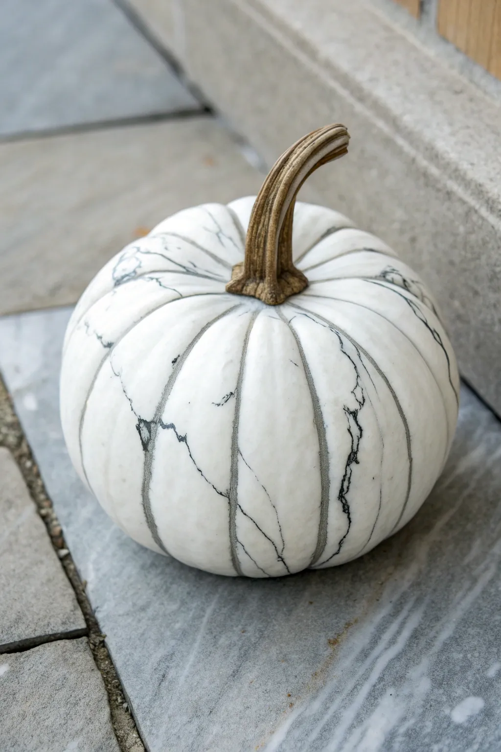 Small white pumpkin with luxe faux marble veining for a minimalist, modern fall look