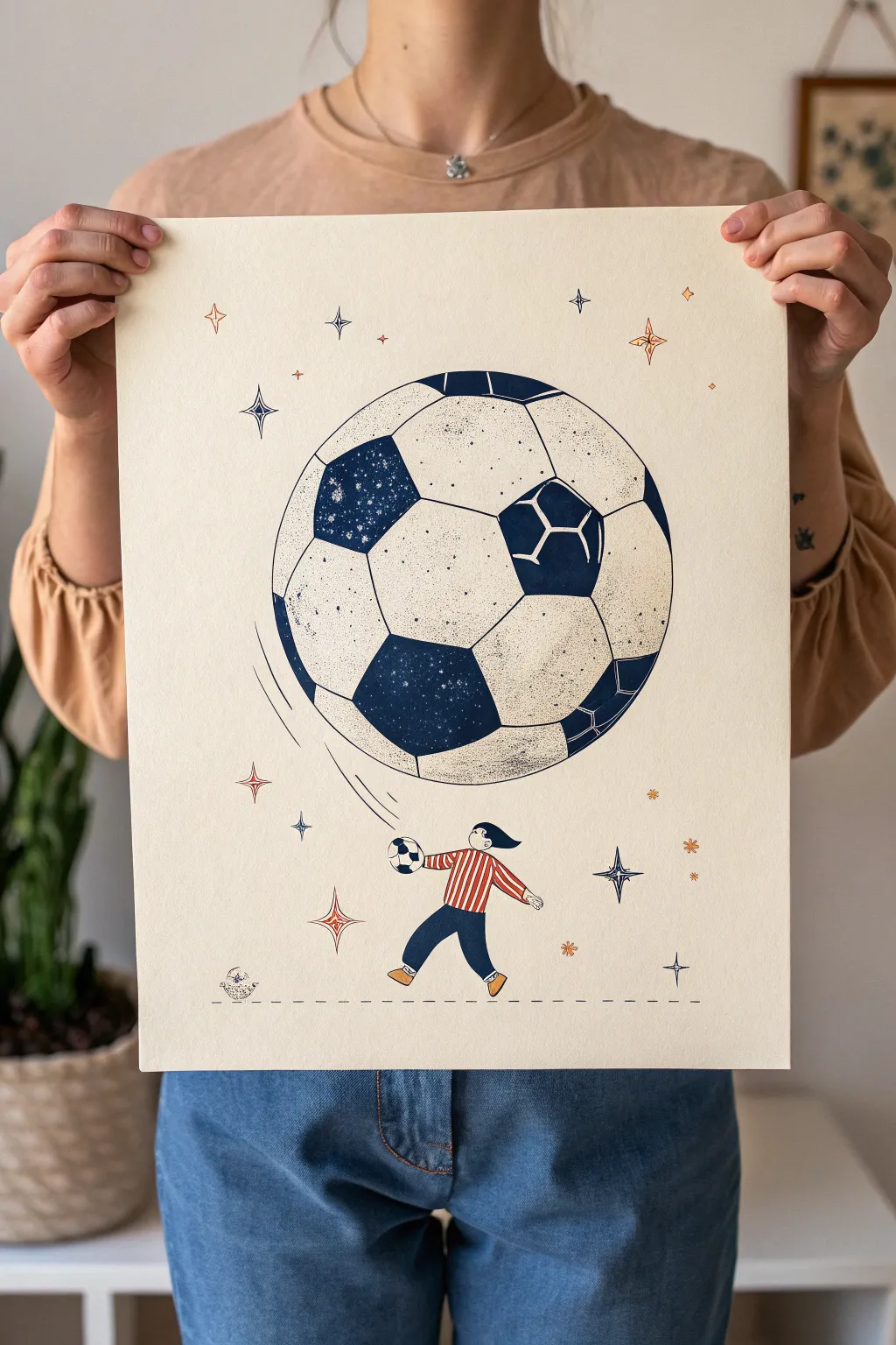 Surreal soccer ball planet sketch with starry glow, minimalist boho vibes and bold contrast