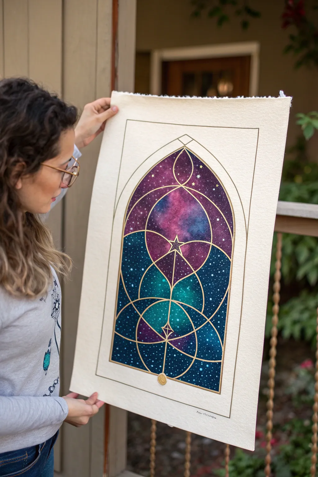 Dream portal doorway drawing: a star-filled arch framed by sacred geometry in bold, calming contrast.