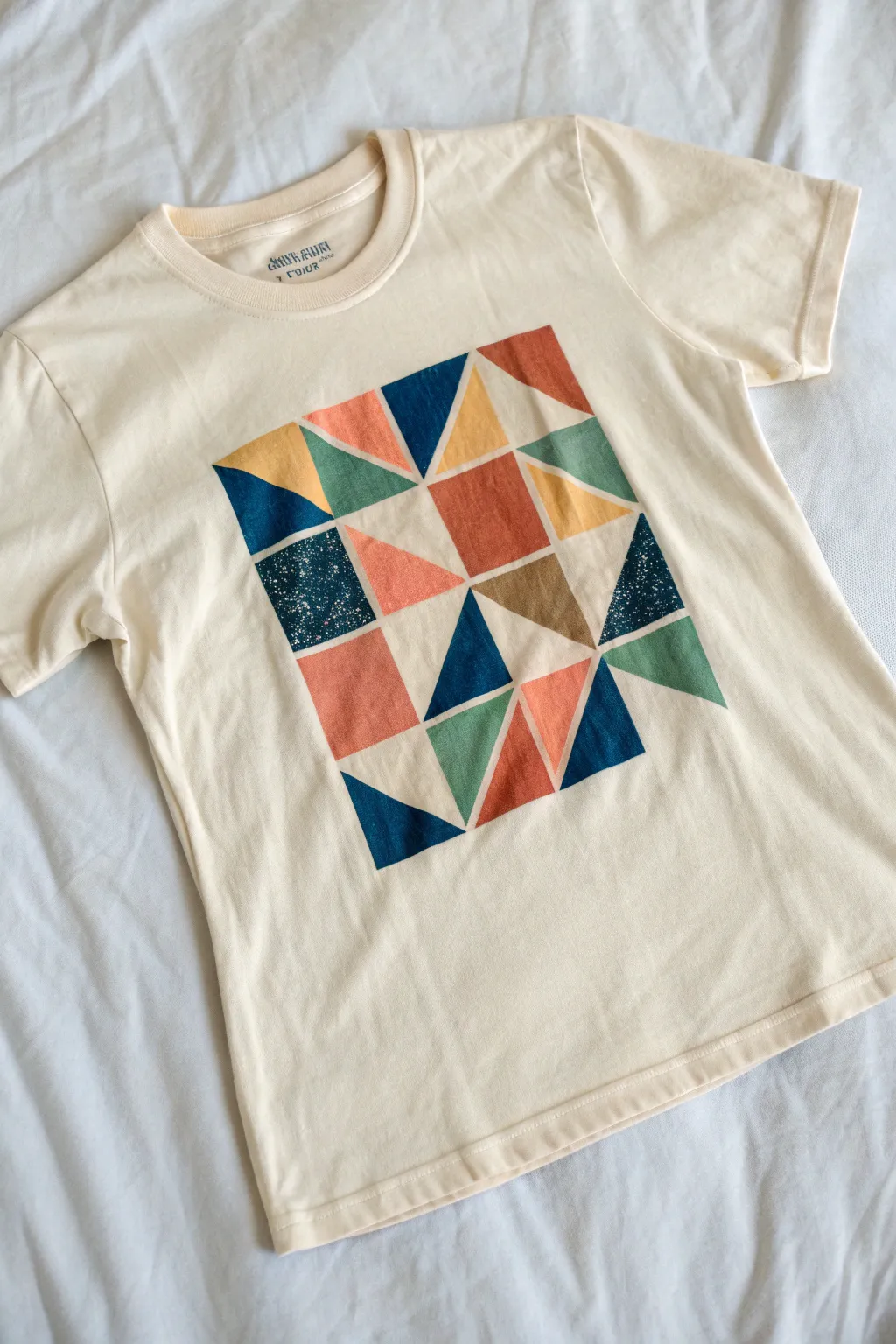 Layered spray-paint collage tee with crisp mask edges and bold Scandinavian-meets-boho color blocks