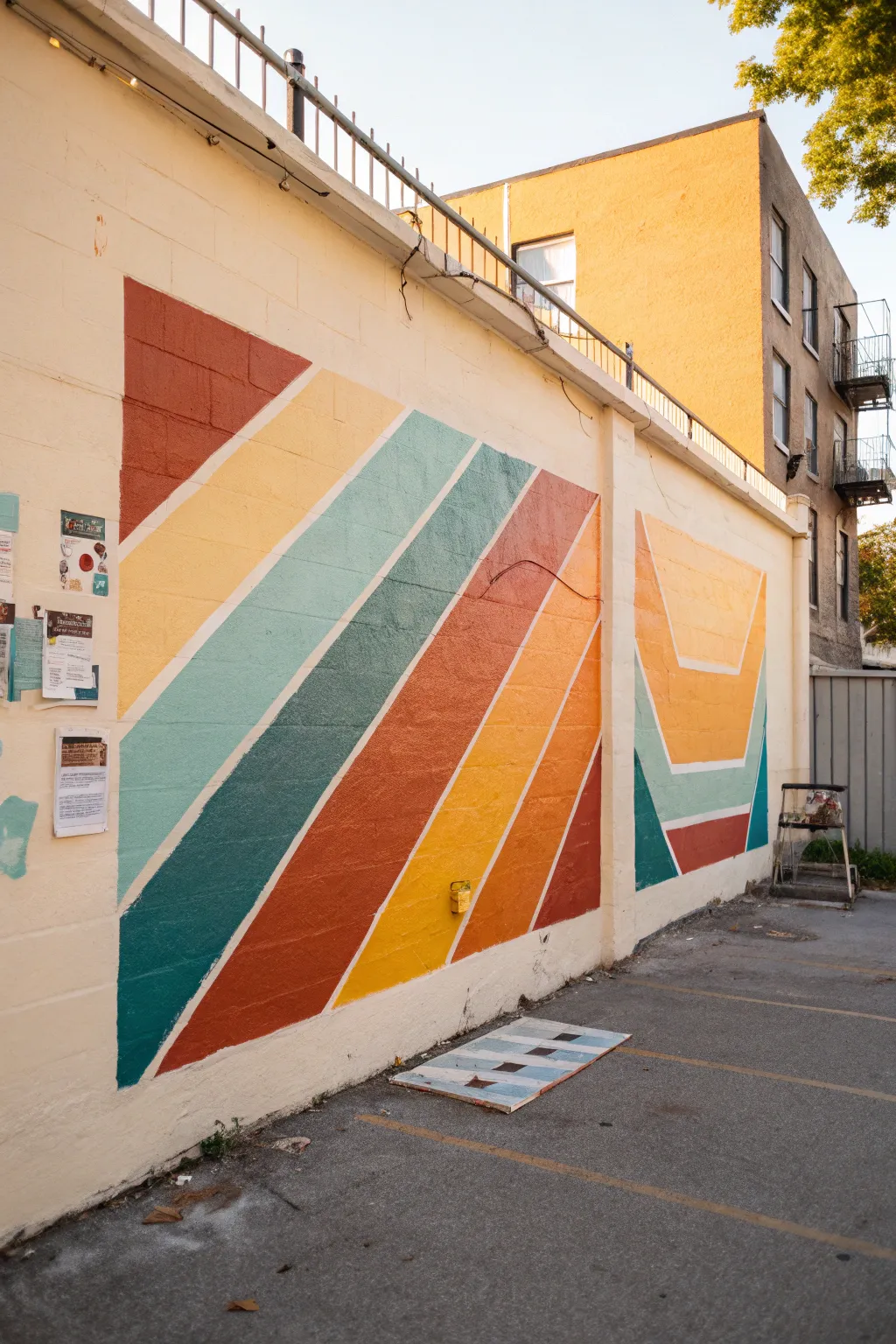 Layered cutout masks and bold spray color create a striking light-and-shadow wall mural.