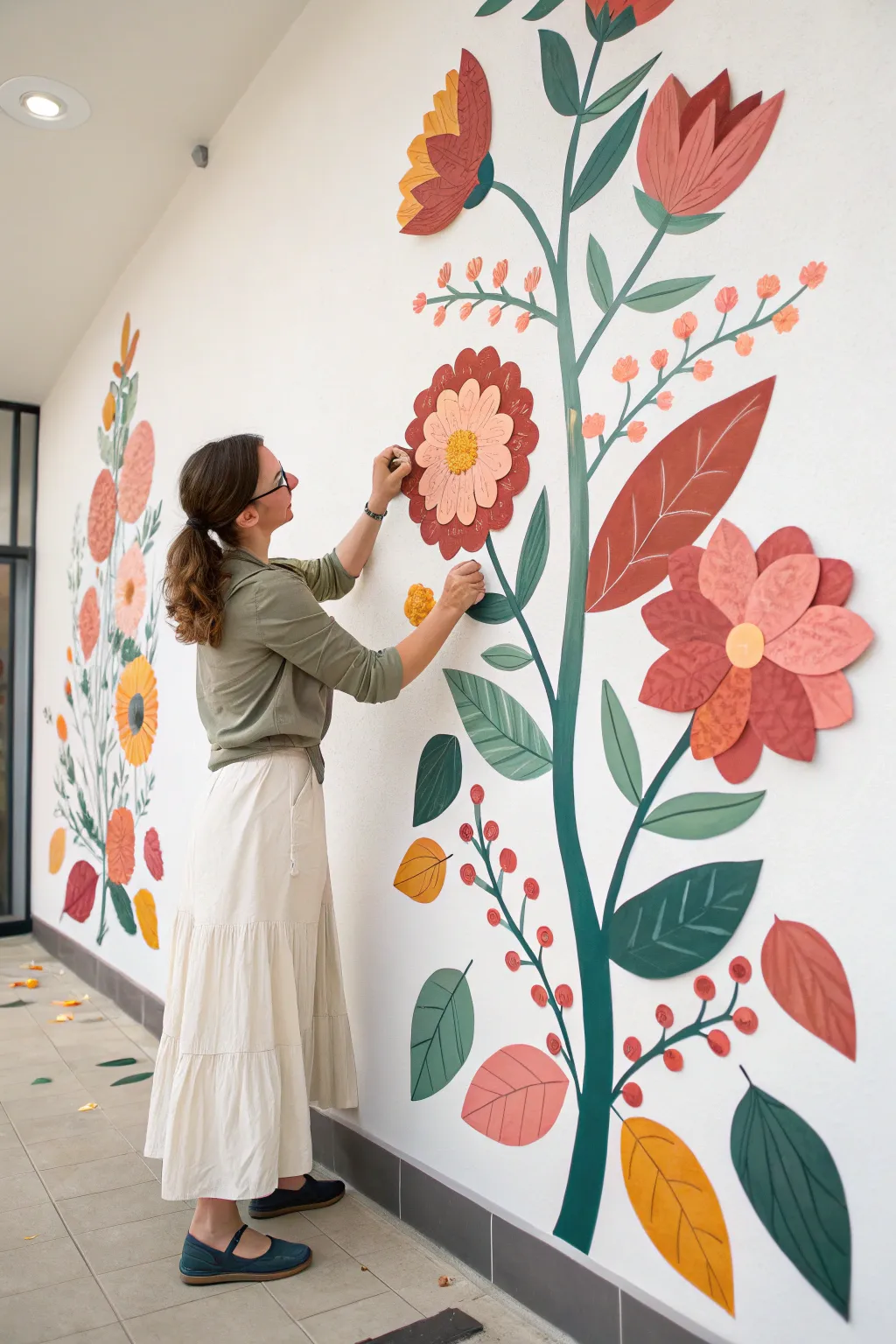 Interactive bloom wall mural with removable petals, captured mid-placement for spring DIY inspiration