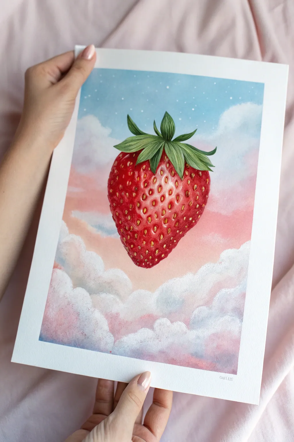 Paint a surreal strawberry floating in a dreamy sky, minimalist yet whimsical with bold contrast.