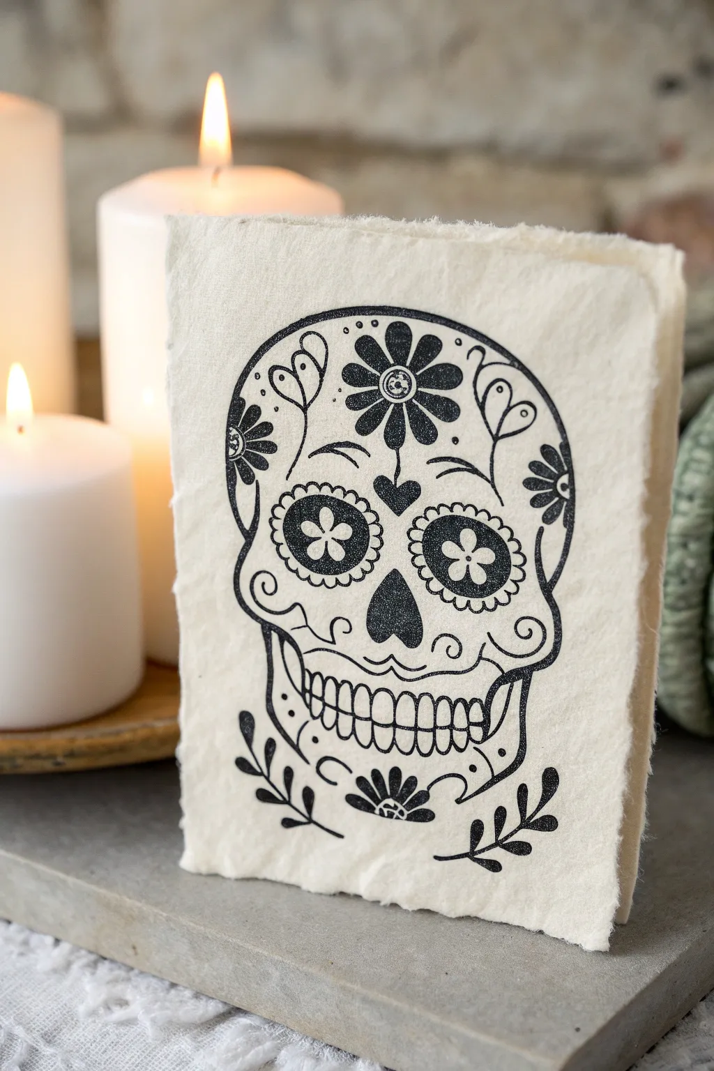 Minimalist sugar skull with double-exposure florals and candle silhouettes in bold boho tones