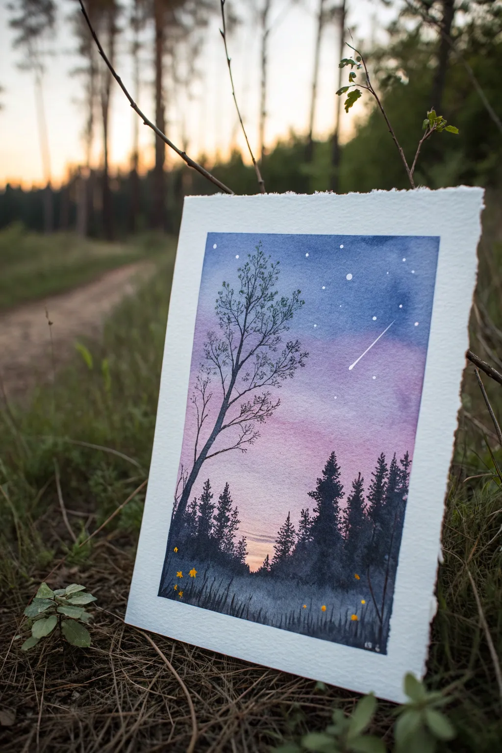 Paint a warm twilight wash with dreamy fireflies for an easy summer watercolor mood.