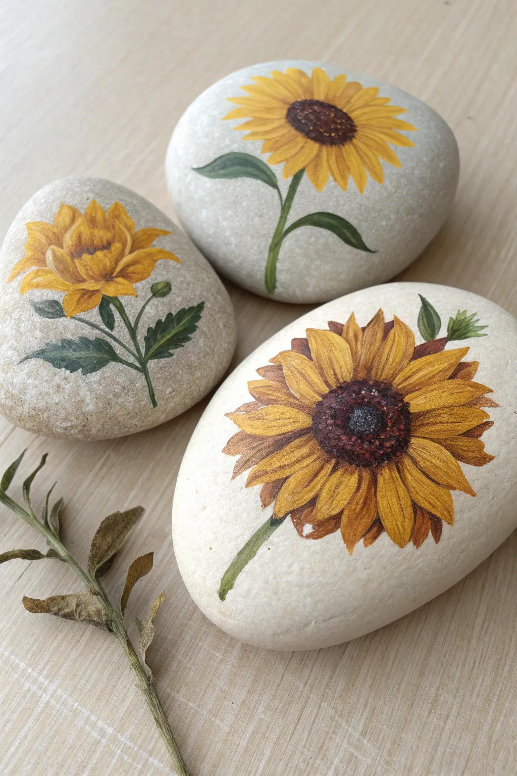 Tiny sunflower rock painting set, bold yellow blooms on smooth stones in minimalist Nordic style