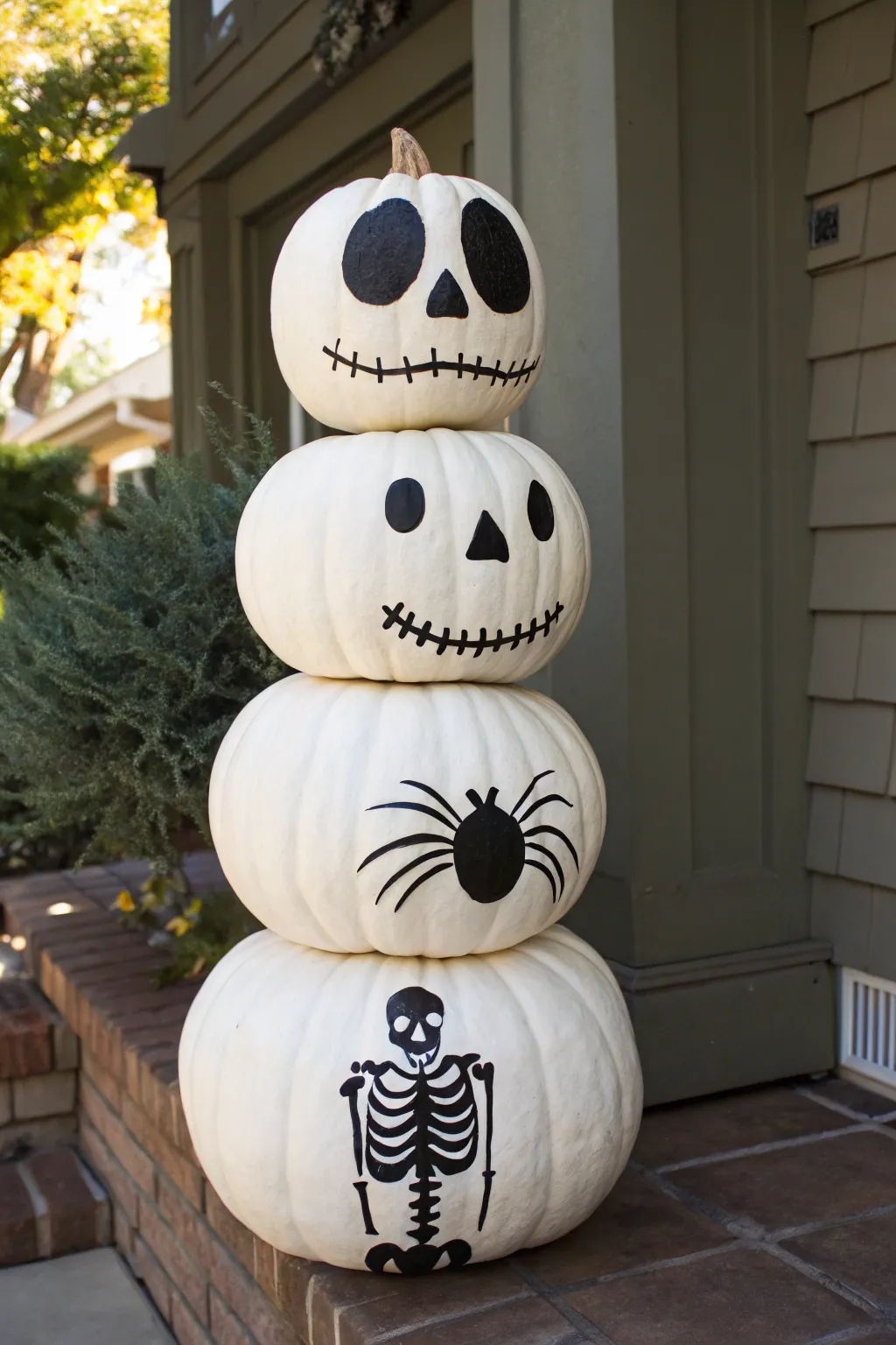 Tall stacked white pumpkins with a painted skeleton and skull for a chic minimalist Halloween look