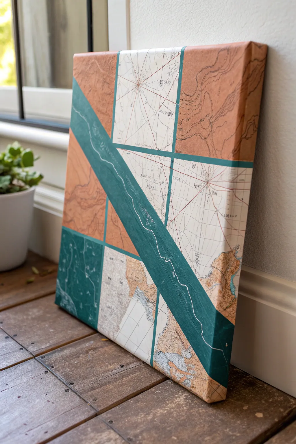 DIY layered tape reveal lines on one bold canvas, crisp negative space like a topographic map.