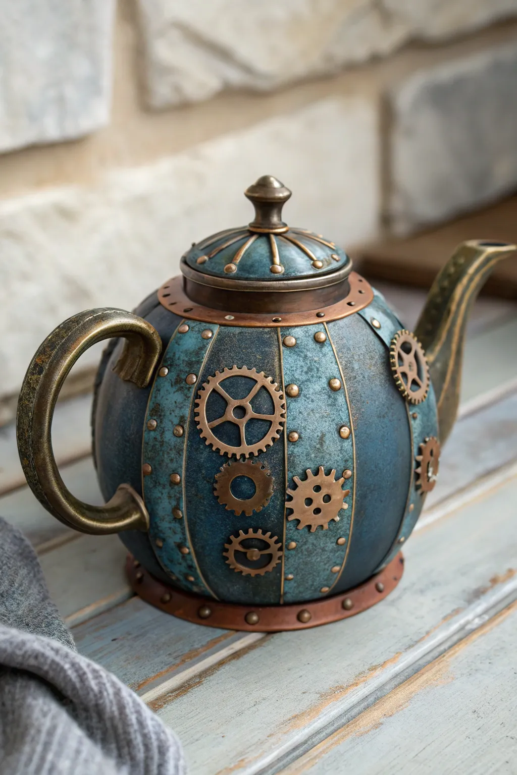 Steampunk teapot paint idea: faux gears and rivets with brass highlights on a moody base.