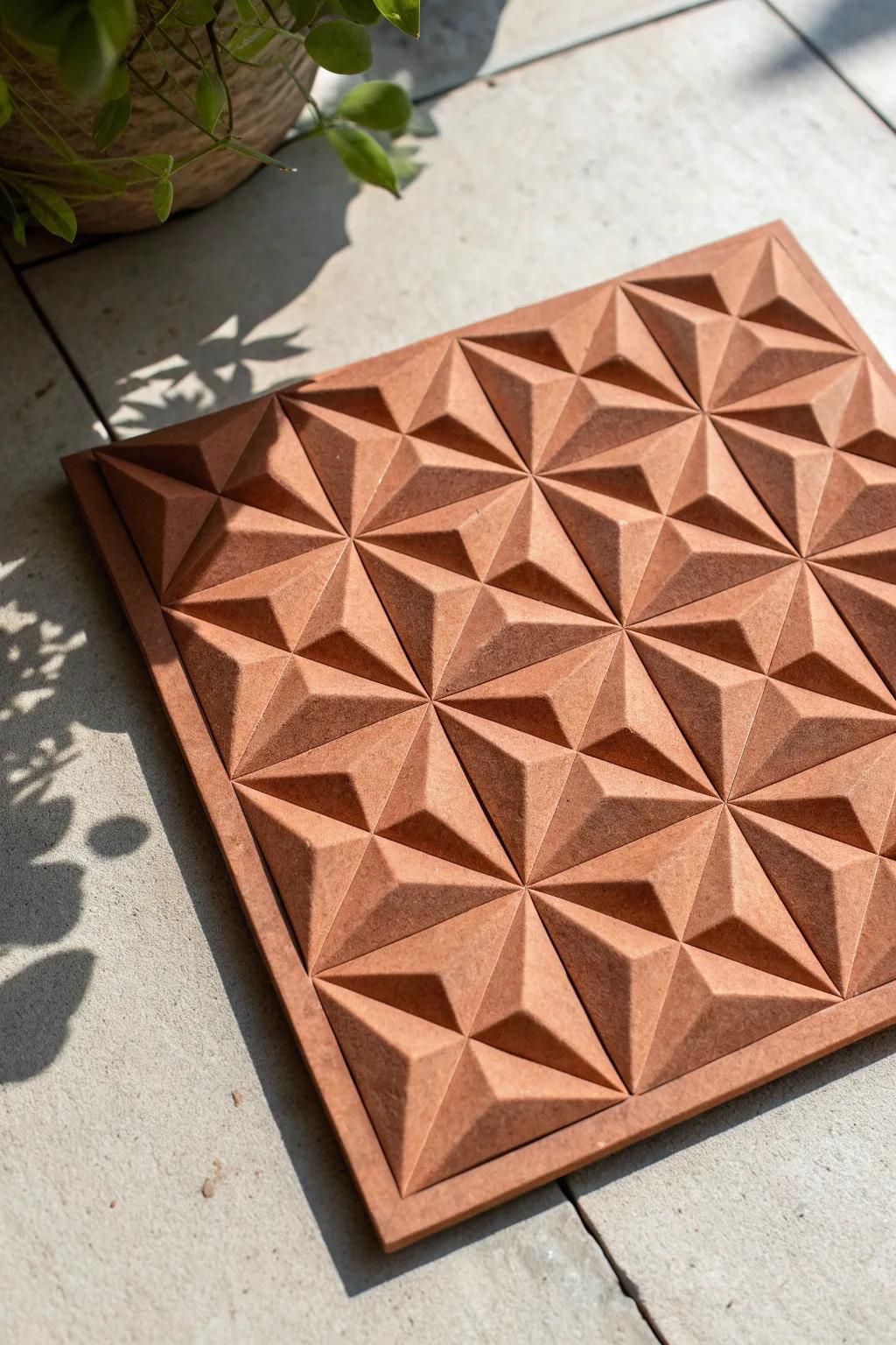 Raking light on a terracotta folded-paper tessellation highlights a minimalist 3D pattern.